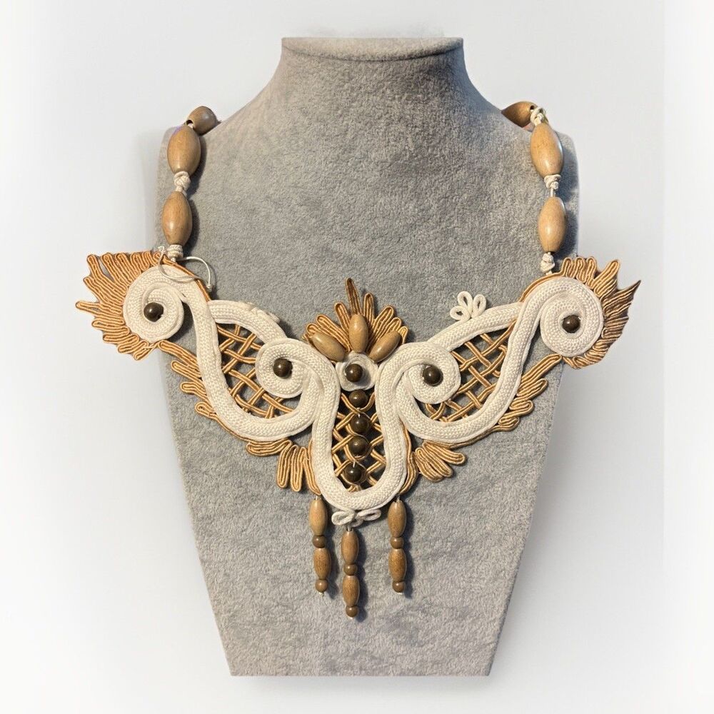 Vintage NWT Barney’s NY Macramé & Wood Bead Boho Stylized Owl Necklace Unique